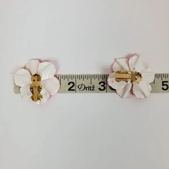 Vtg Neon Pink Black Enamel Flower Floral Chunky Big Clip‎ On Gold Tone Earrings - Picture 5 of 6